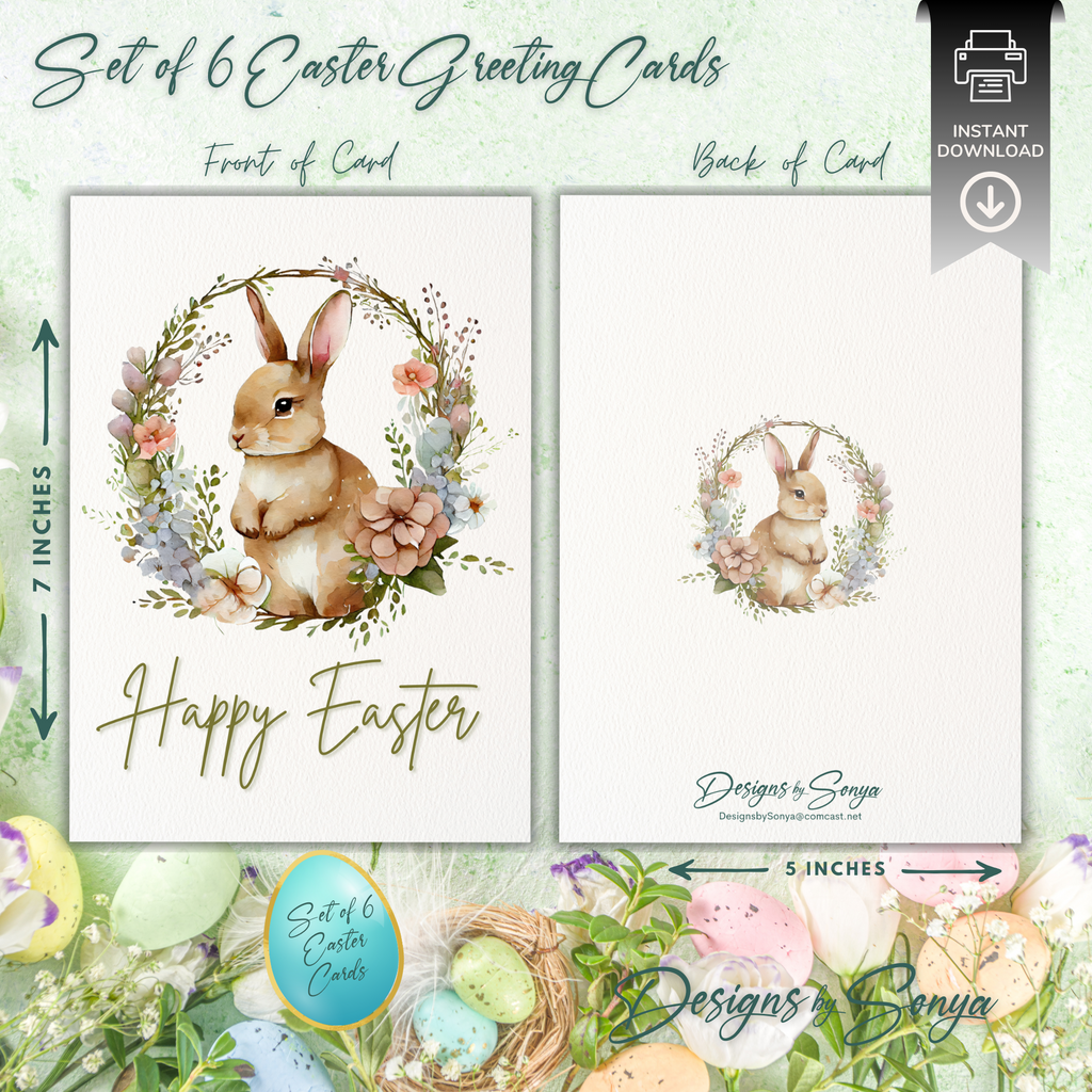 Elegant Custom Designed Set of 6 Printable 5 x 7 inch Happy Easter Greeting Cards - Floral Designs with an Adorable Rabbit -Instant Download
