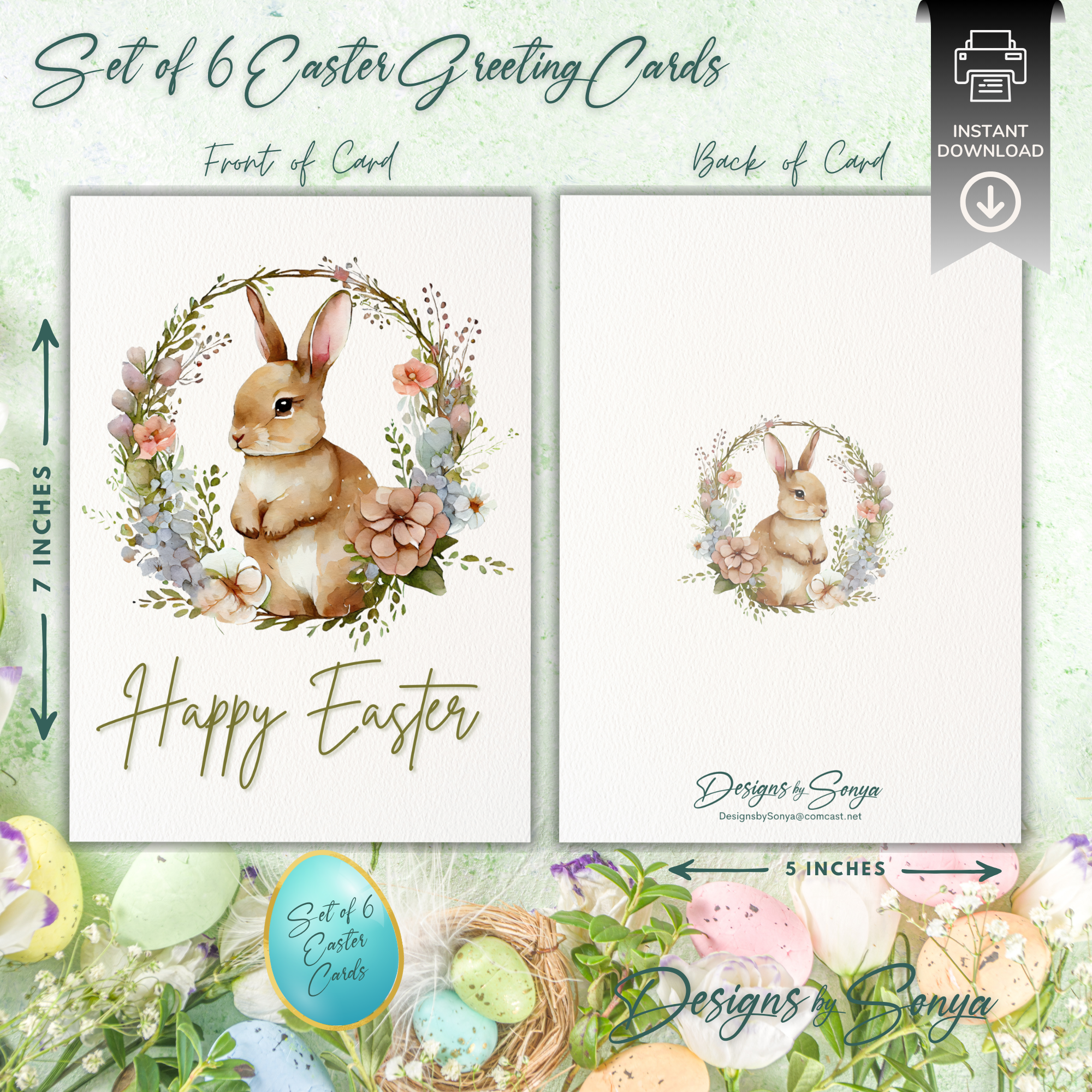 Elegant Custom Designed Set of 6 Printable 5 x 7 inch Happy Easter Greeting Cards - Floral Designs with an Adorable Rabbit -Instant Download