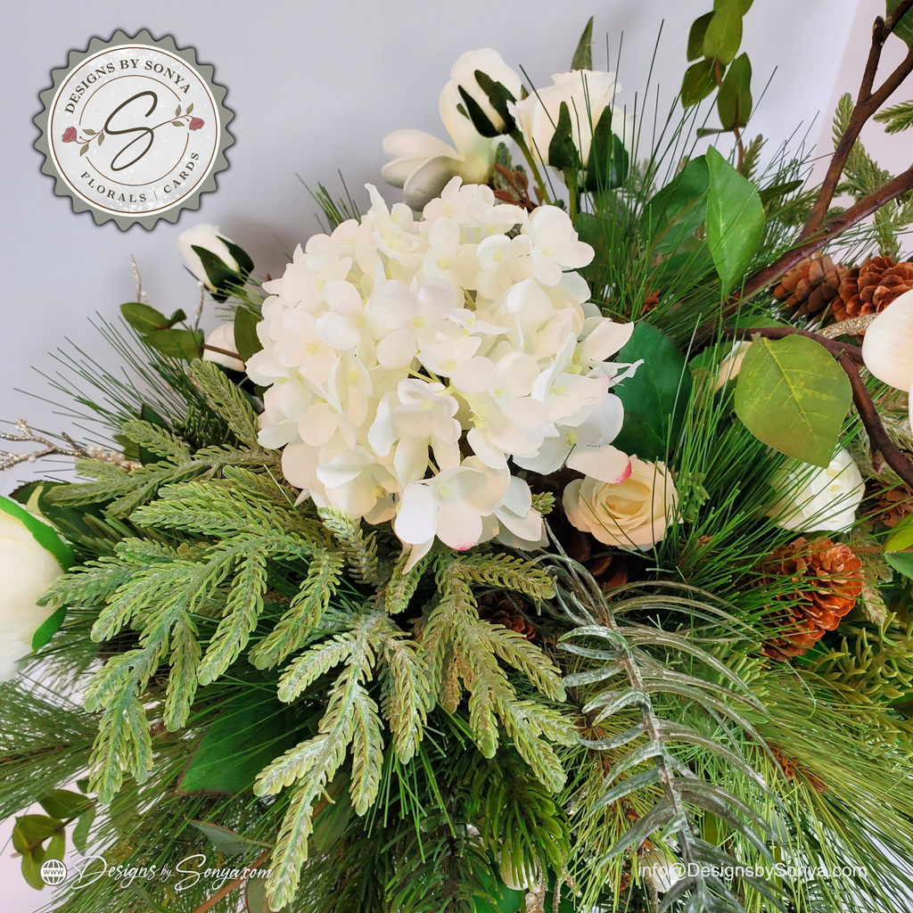 White Winter Floral Arrangement – Custom Designed Christmas Table Décor Centerpiece with Faux Pine, Cedar Greenery and Ivory Roses