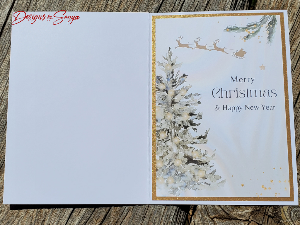 Luxury Handcrafted A7 Christmas Card – Elegant Gold Reindeer with Sheer Bow | Merry Christmas & Happy New Year Greeting Card