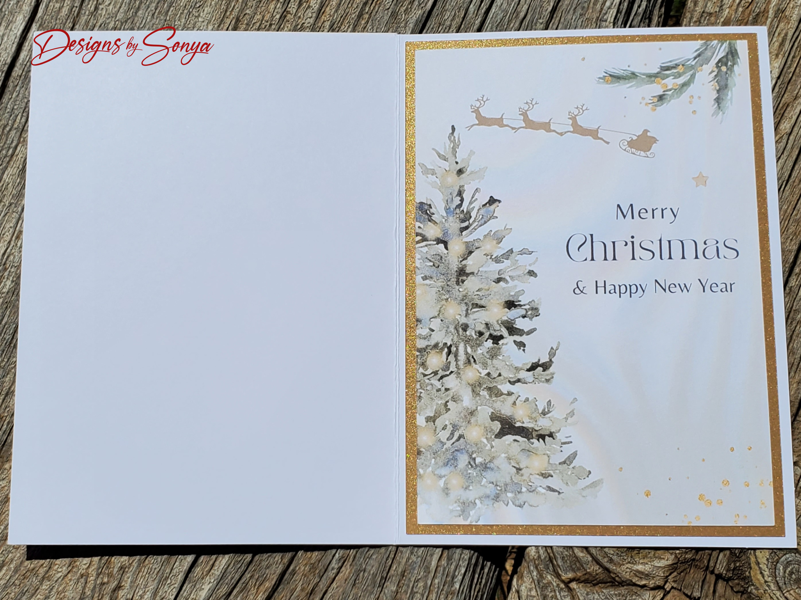 Luxury Handcrafted A7 Christmas Card – Elegant Gold Reindeer with Sheer Bow | Merry Christmas & Happy New Year Greeting Card