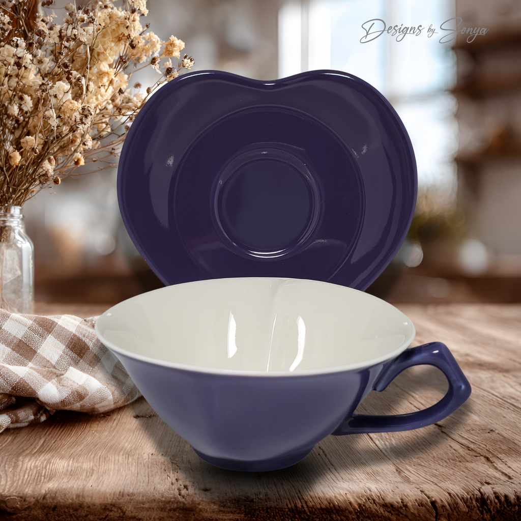 Discontinued Mary Kay Heart Teacup and Saucer Set, Purple Ceramic Cup, Rare Collectible Tea Cup Set, Romantic Gift Idea, New Unused