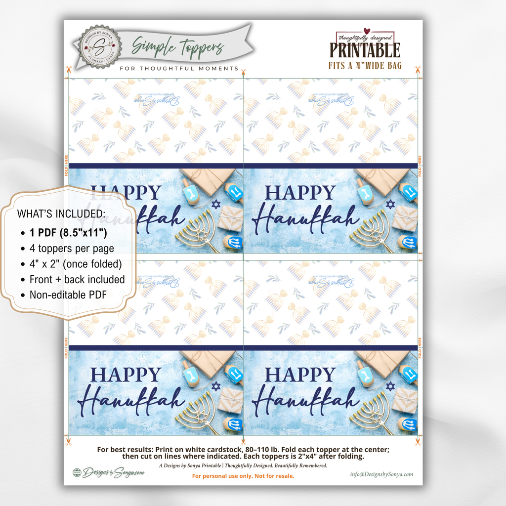 Printable Hanukkah Treat Bag Topper | Happy Hanukkah Candy Bag Topper | Blue Watercolor Menorah & Dreidel Design | Jewish Holiday Party Favor | 4" x 2" PDF Download