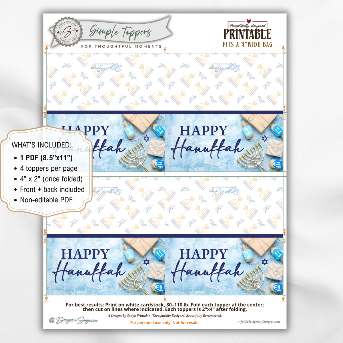 Printable Hanukkah Treat Bag Topper | Happy Hanukkah Candy Bag Topper | Blue Watercolor Menorah & Dreidel Design | Jewish Holiday Party Favor | 4" x 2" PDF Download