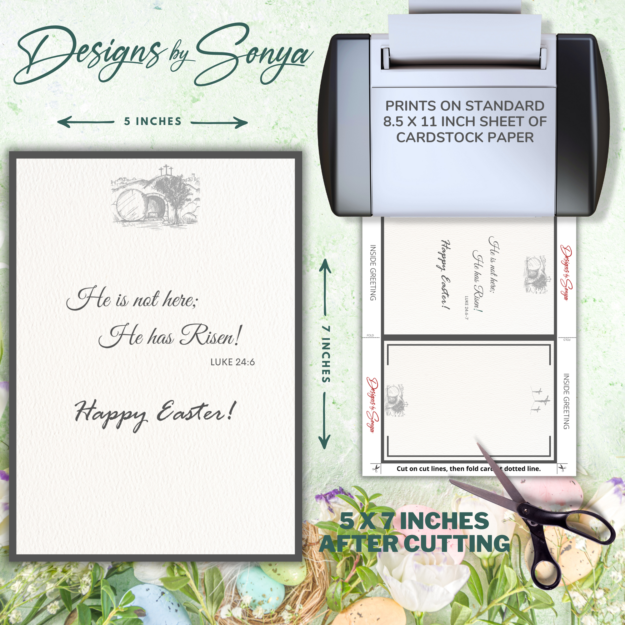 Custom Designed 5 x 7 Printable Card - He is Risen w/ Gold Cross | Inside Greeting and Envelope Included - Instant Download - Print from Home