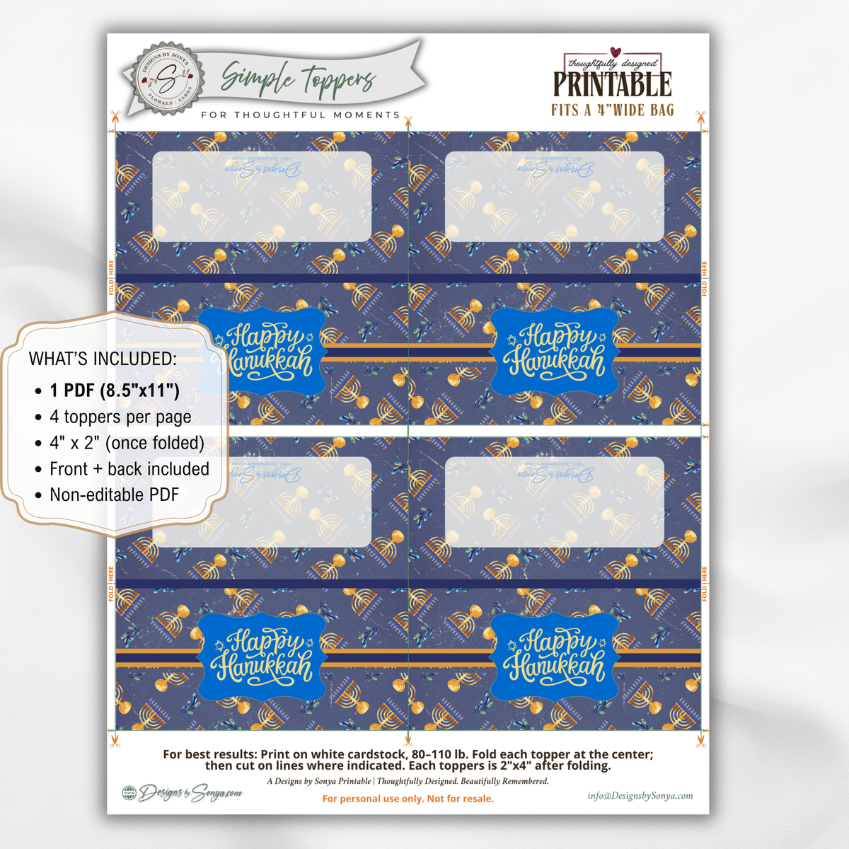 Printable Hanukkah Treat Bag Topper | Happy Hanukkah Candy Bag Topper | Navy Blue & Gold Menorah Pattern | Jewish Holiday Party Favor | 4" x 2" PDF Download