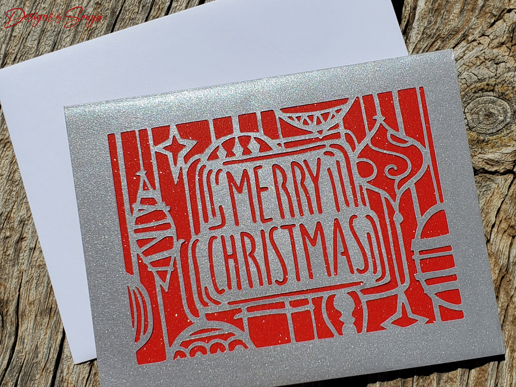 Silver Glitter Merry Christmas Card – Handmade A2 Holiday Greeting with Laser-Cut Ornaments & Printed Message