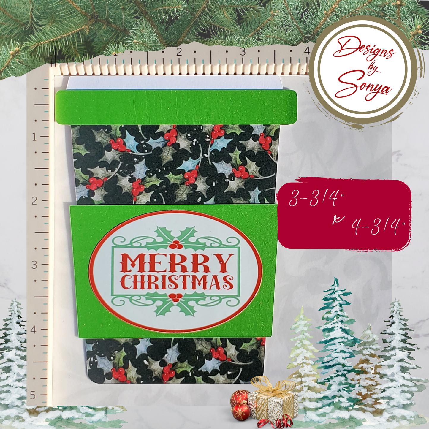 Christmas Gift Card Holder – Coffee Cup Design with Holly Print, Glitter Sleeve & Envelope – Holiday Teacher or Coworker Gift
