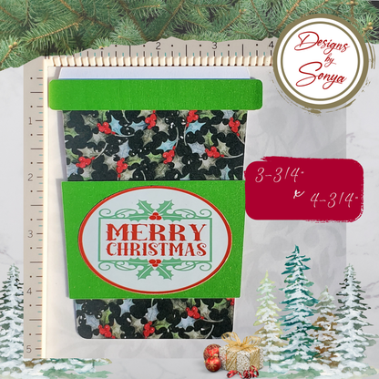 Christmas Gift Card Holder – Coffee Cup Design with Holly Print, Glitter Sleeve & Envelope – Holiday Teacher or Coworker Gift