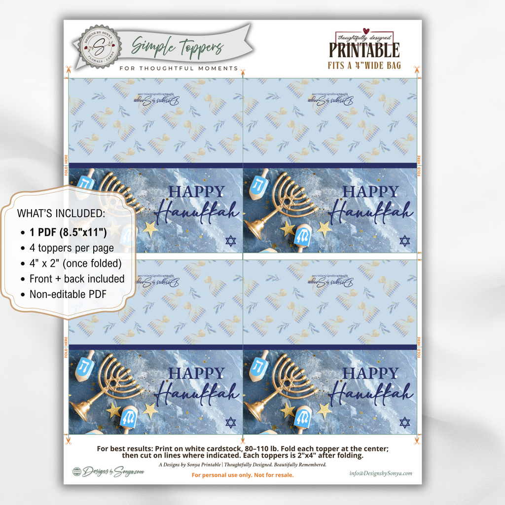 Printable Hanukkah Treat Bag Topper | Happy Hanukkah Candy Bag Topper | Menorah & Dreidel Design | Jewish Holiday Party Favors | 4 x 2 PDF