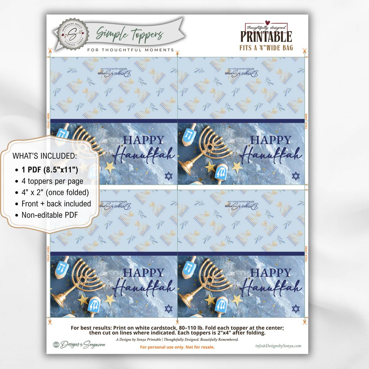 Printable Hanukkah Treat Bag Topper | Happy Hanukkah Candy Bag Topper | Menorah & Dreidel Design | Jewish Holiday Party Favors | 4 x 2 PDF