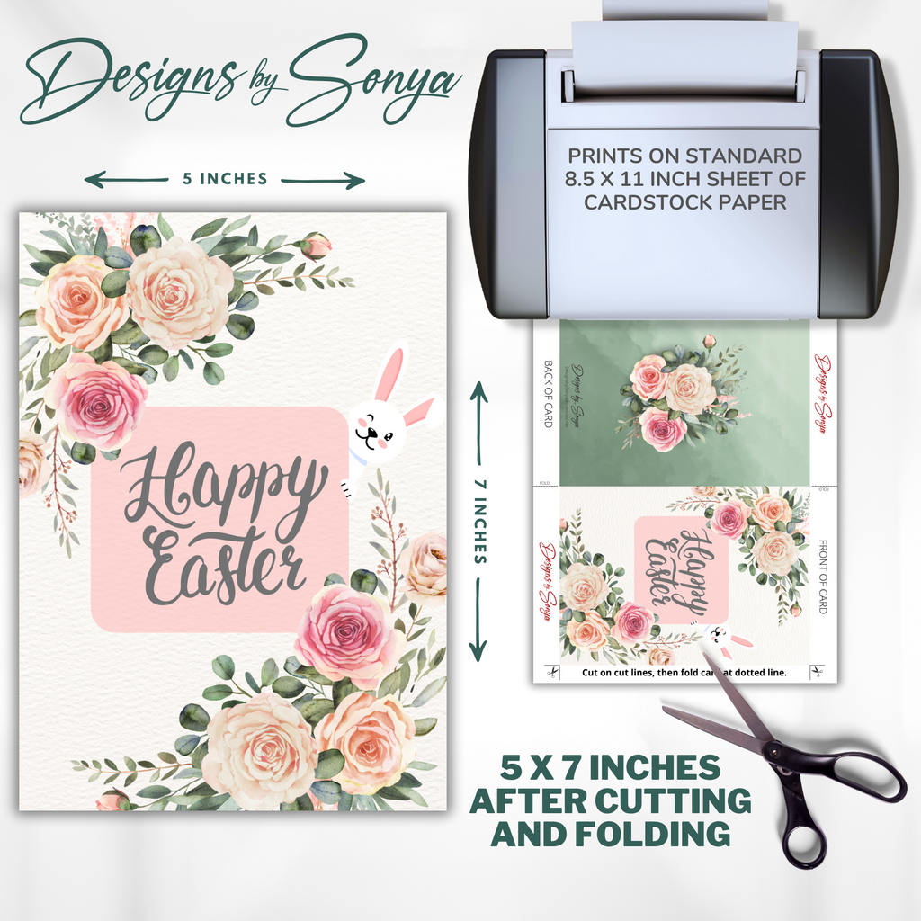 Elegant Custom Designed 5 x 7 Printable Greeting Card - Floral Design of Pink and Beige Roses adorned with "Happy Easter" - Instant Download