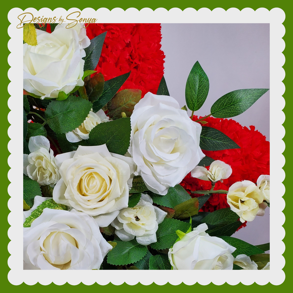 Lasting Honor: Custom Memorial Standing Cross with Red Carnations and White Roses