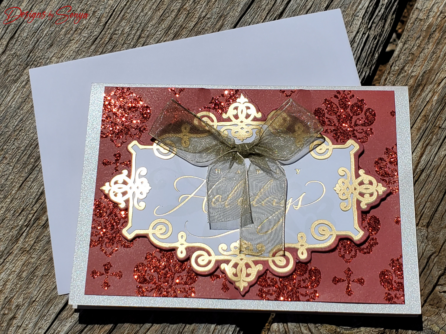 LIMITED EDITION | Festive Red & Gold Shimmering | 5" x7" Happy Holidays | 3D Layered Christmas Card Greetings | Gold Bow | Custom Designed