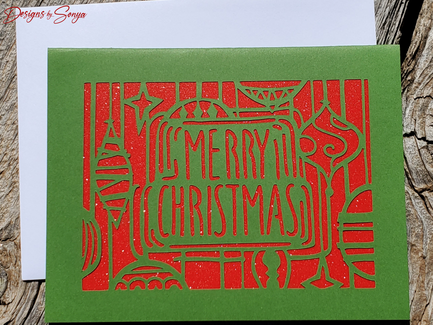 Elegant Merry Christmas Card | Handcrafted A2 - 4.25"x5.5" | Unique Green and Red Laser Cut | Festive Holiday Season's Greetings Card