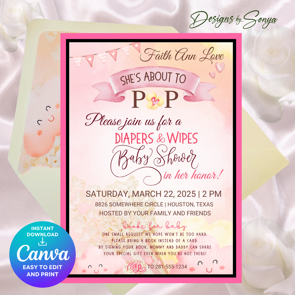 She’s About to Pop Baby Shower Invitation | Editable Canva Template | Pink Watercolor Balloon Theme | Custom Party Printable 5x7 Invite