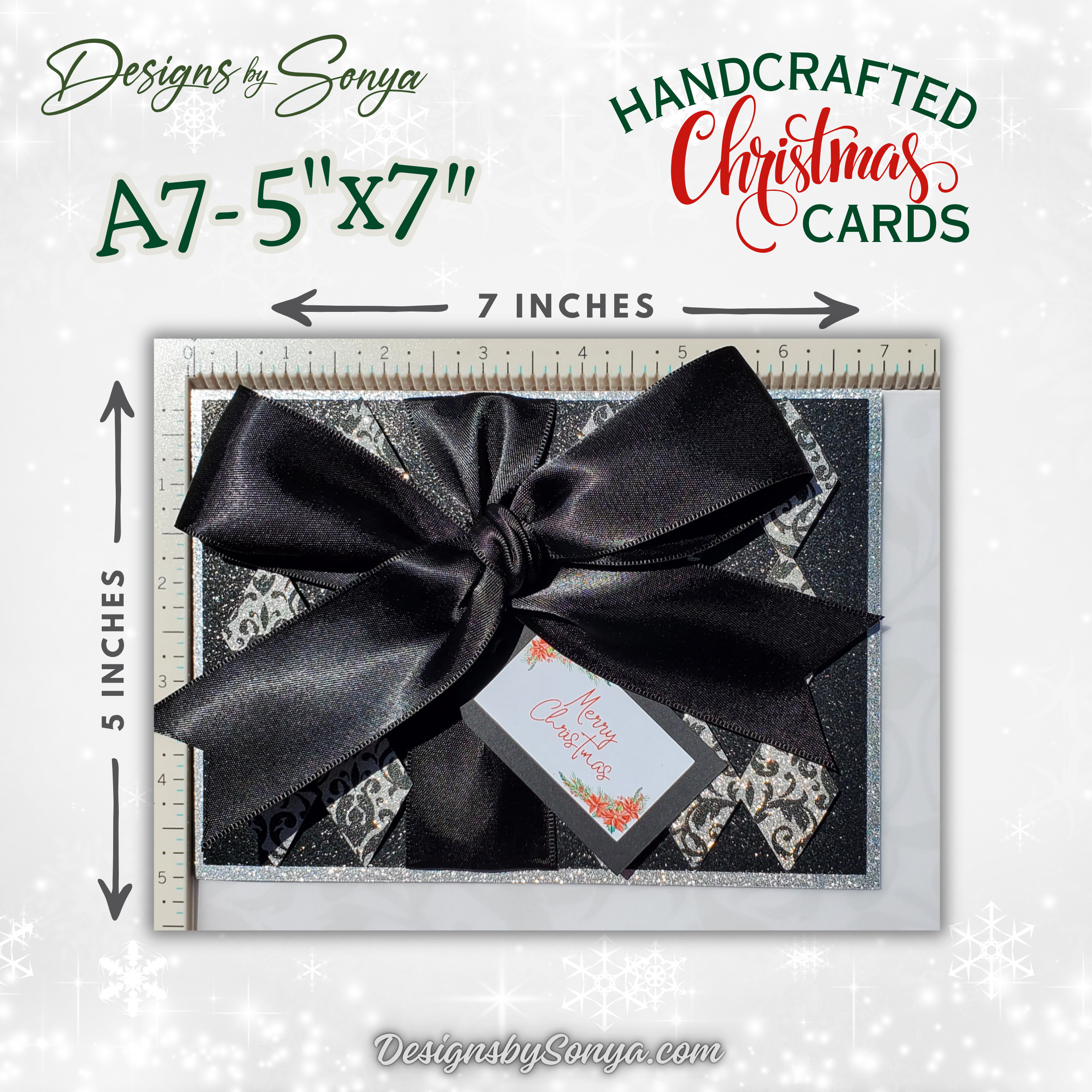Merry Christmas Card in Black & Silver | Handcrafted A7 Holiday Card with Poinsettia Tag & Satin Bow | Elegant Client Gift
