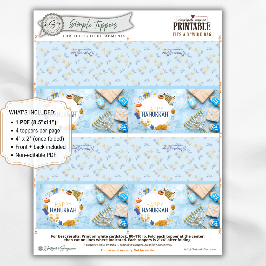 Printable Hanukkah Treat Bag Topper | Happy Hanukkah Candy Bag Topper | Menorah, Dreidels & Gifts | Jewish Holiday Party Favor | 4" x 2" PDF