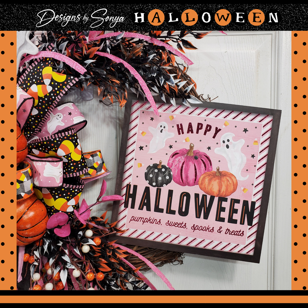 Whimsical Halloween Door Grapevine Wreath | Fun Ghost & Pumpkin Decor | Front Door Wreath | Spooky Entryway Decoration | Pink Door Hanger