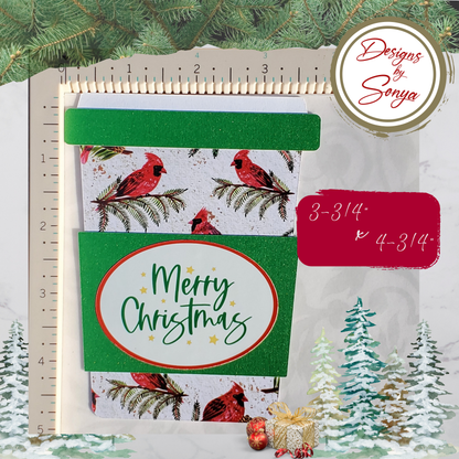 Cardinal Merry Christmas Gift Card Holder – Coffee Cup Style with Green Glitter Sleeve & A2 Envelope – Holiday Gift for Nature Lovers