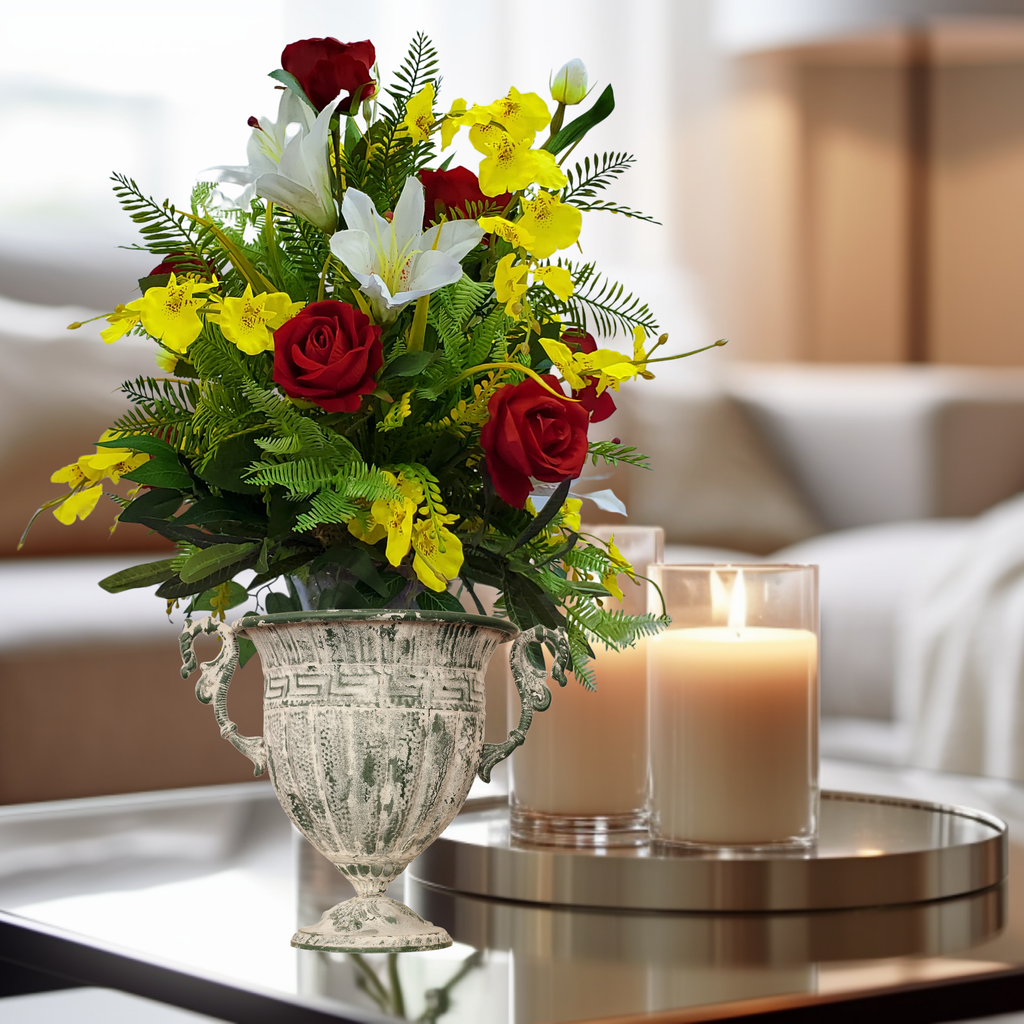 Red Rose, Orchid & Lily Floral Vase Arrangement – Silk Flower Home Decor Centerpiece | Holidays, Christmas, Valentine’s, Mother’s Day Gift