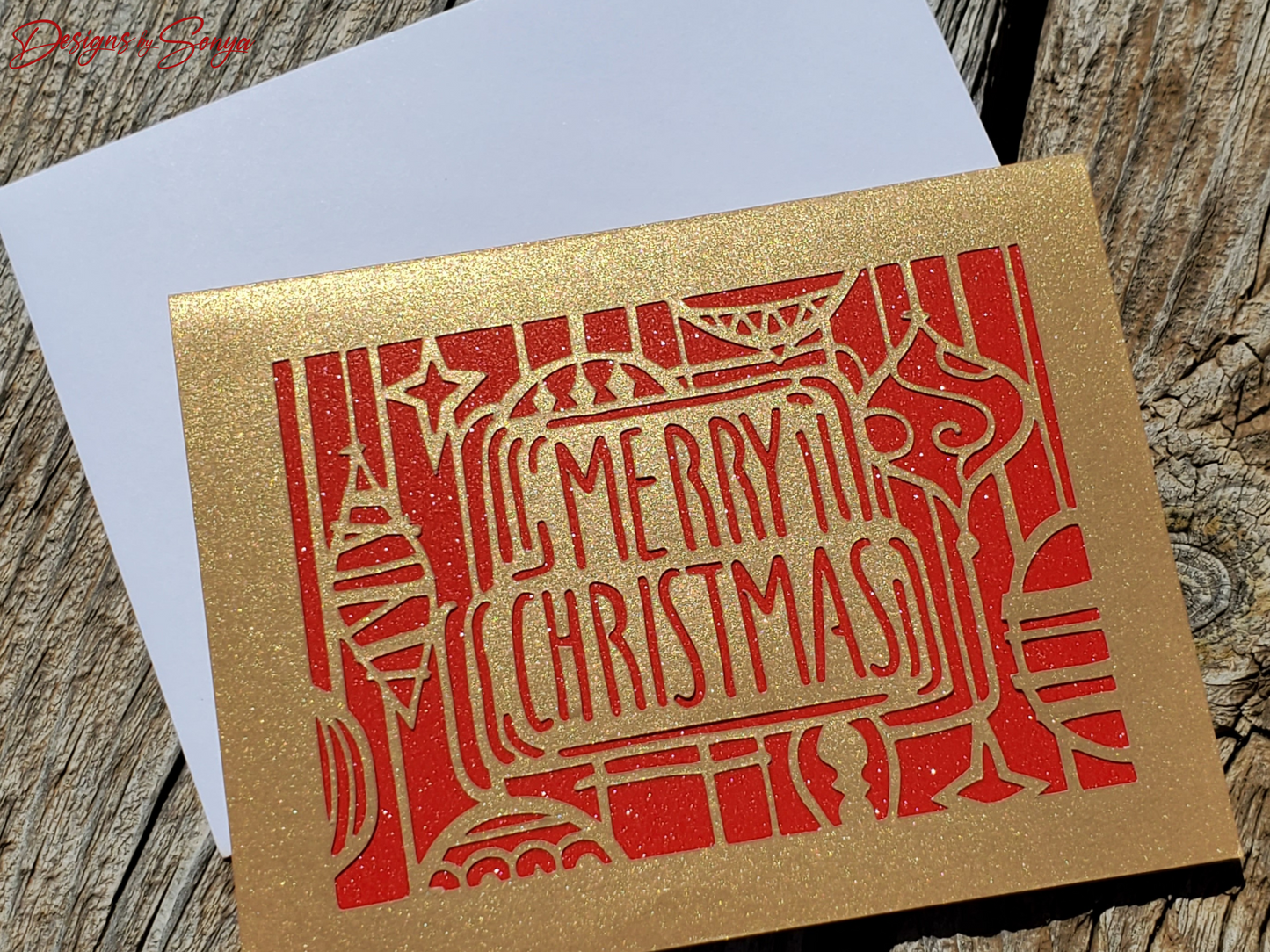 Gold Merry Christmas Card | A2 4.25"x5.5" Elegant Laser Cut Holiday Card | Unique Red and Gold Greeting Card | Festive Season's Greetings