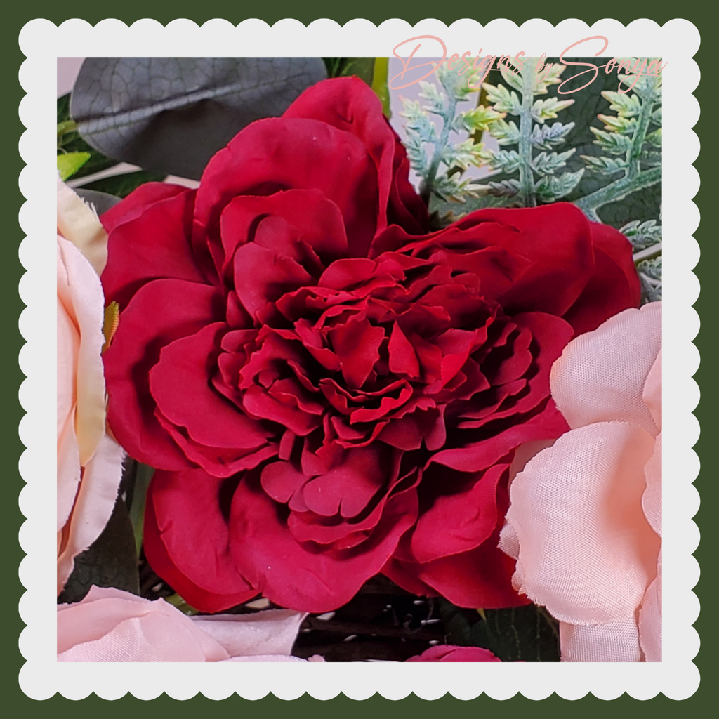 Grapevine Front Door Wreath - Country Rustic Porch, Memorial Service Handcrafted with Roses, Camellias, Dahlias, Greenery