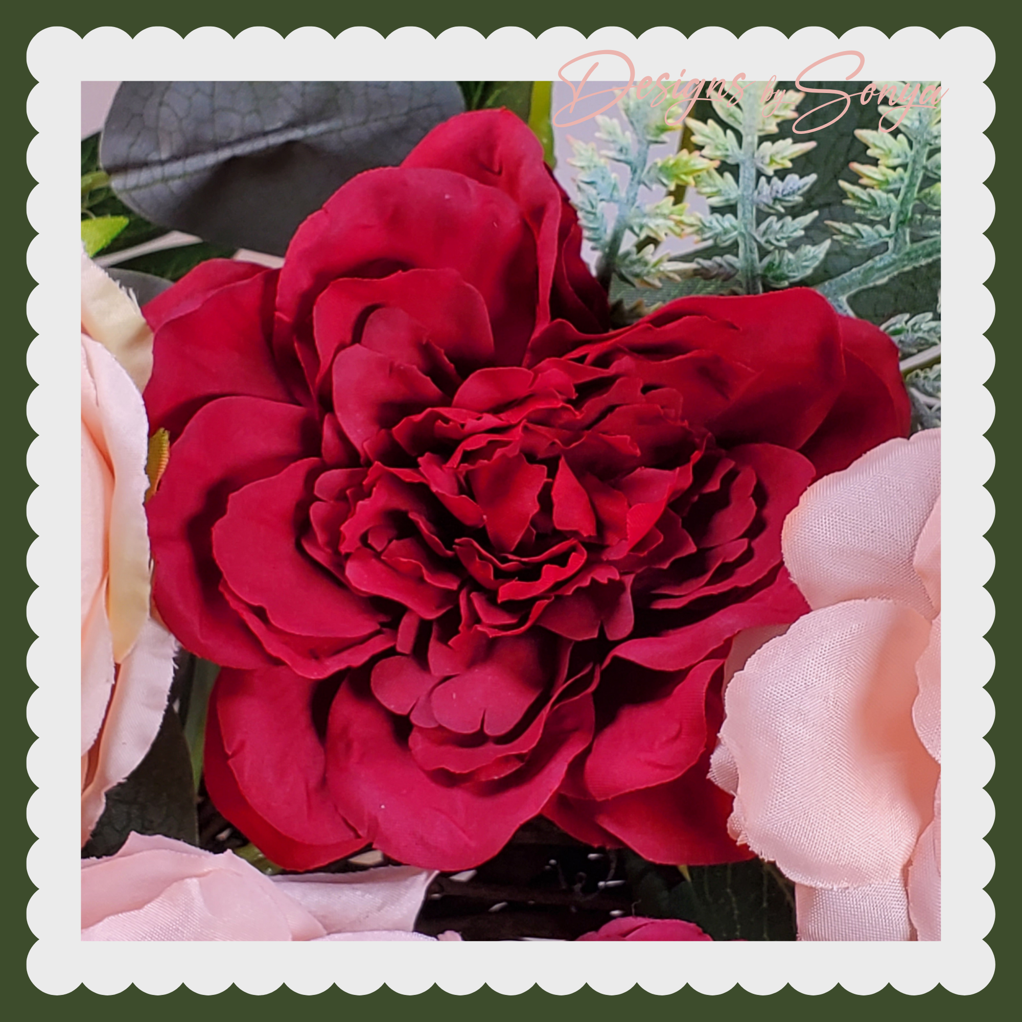 Grapevine Front Door Wreath - Country Rustic Porch, Memorial Service Handcrafted with Roses, Camellias, Dahlias, Greenery