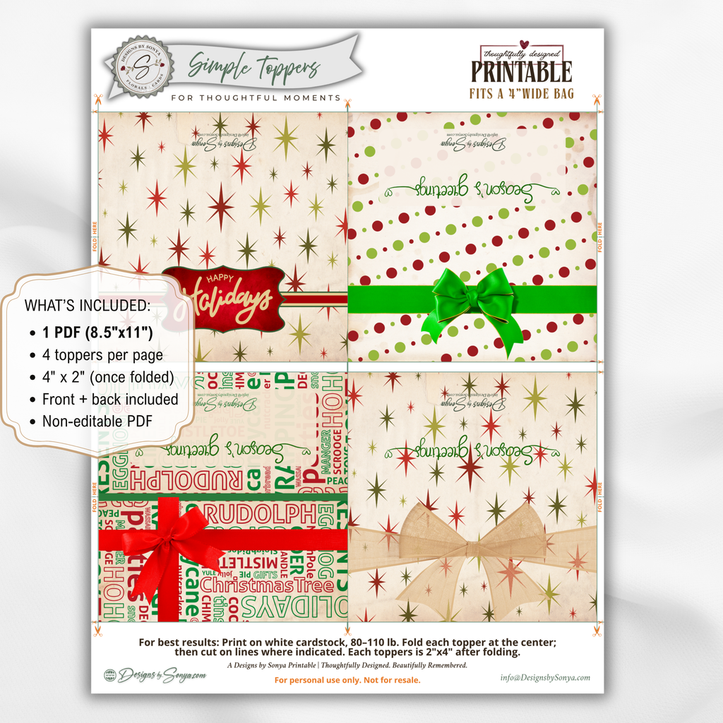Printable Christmas Treat Bag Topper Collection | 4 Vintage Holiday Designs | Candy Bag Toppers for Classroom Parties & Christmas Gifts | 4" x 2" PDF