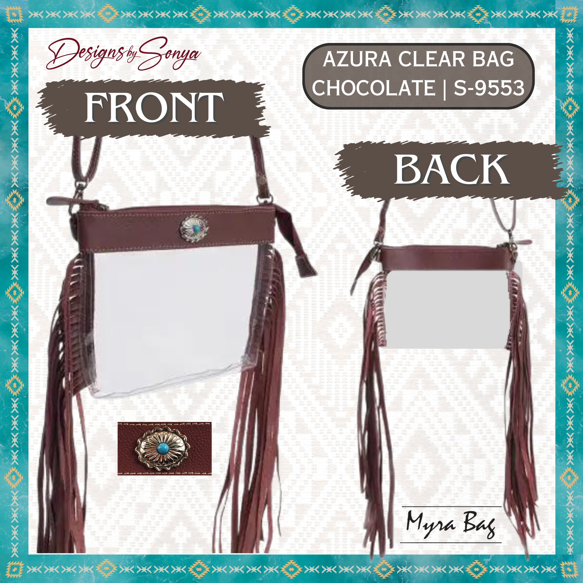 Azura Clear Crossbody Bag by Myra in Turquoise Blue | Stadium Approved Western Leather Handbag with Fringe, Adjustable Strap, and Concho Detailing