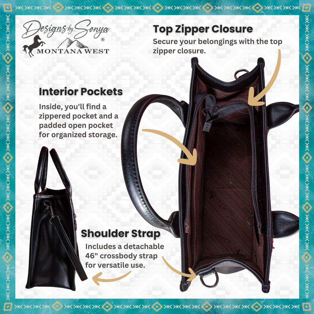 Montana West Whipstitch Concealed Carry Tote with Matching Bi-Fold Wallet | MW1124-H8120SW | Black with Turquoise