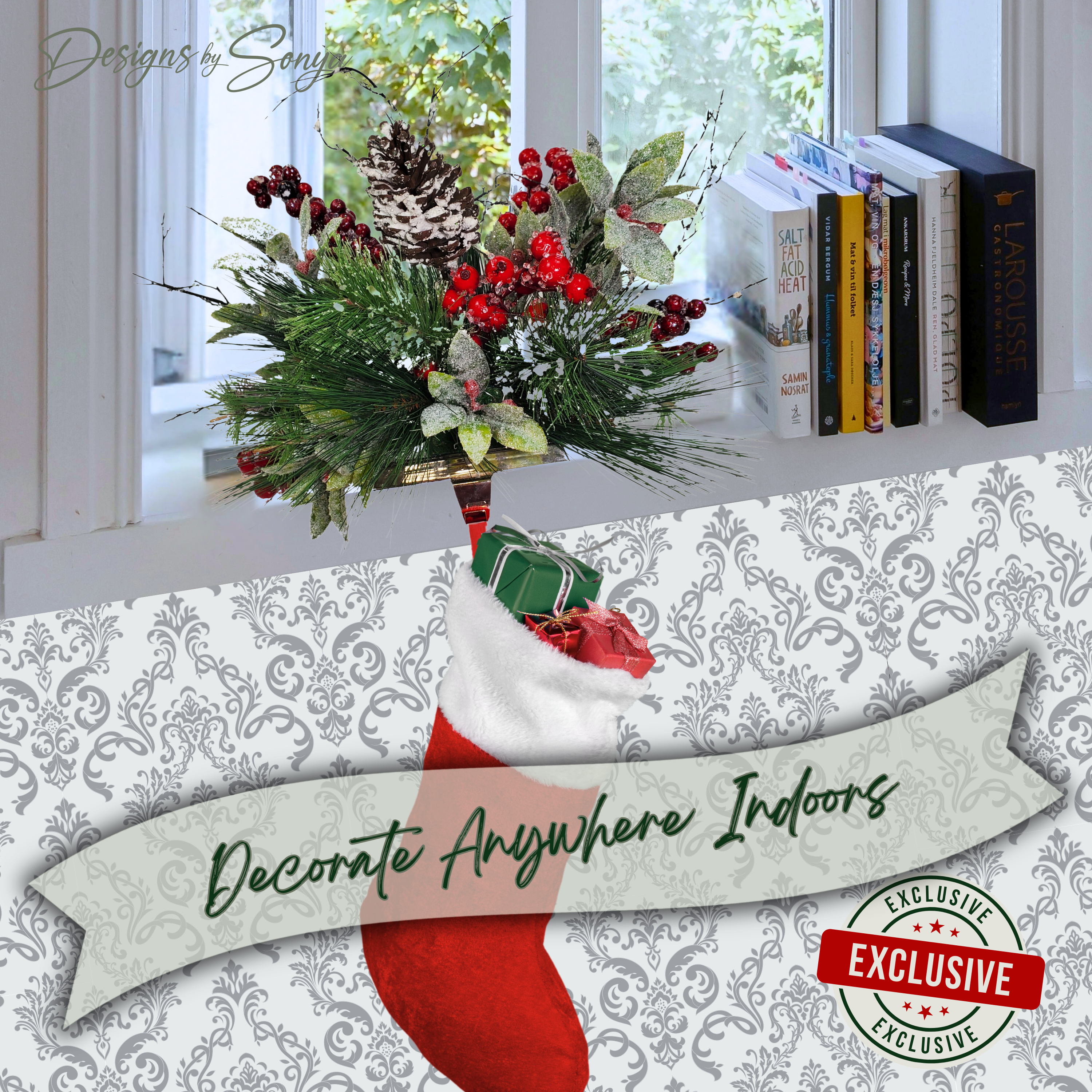 Decorate Anywhere Display
Handmade pinecone stocking holder displayed on a window ledge with books and décor. Versatile holiday arrangement adds festive charm beyond the mantel for shelves or ledges.