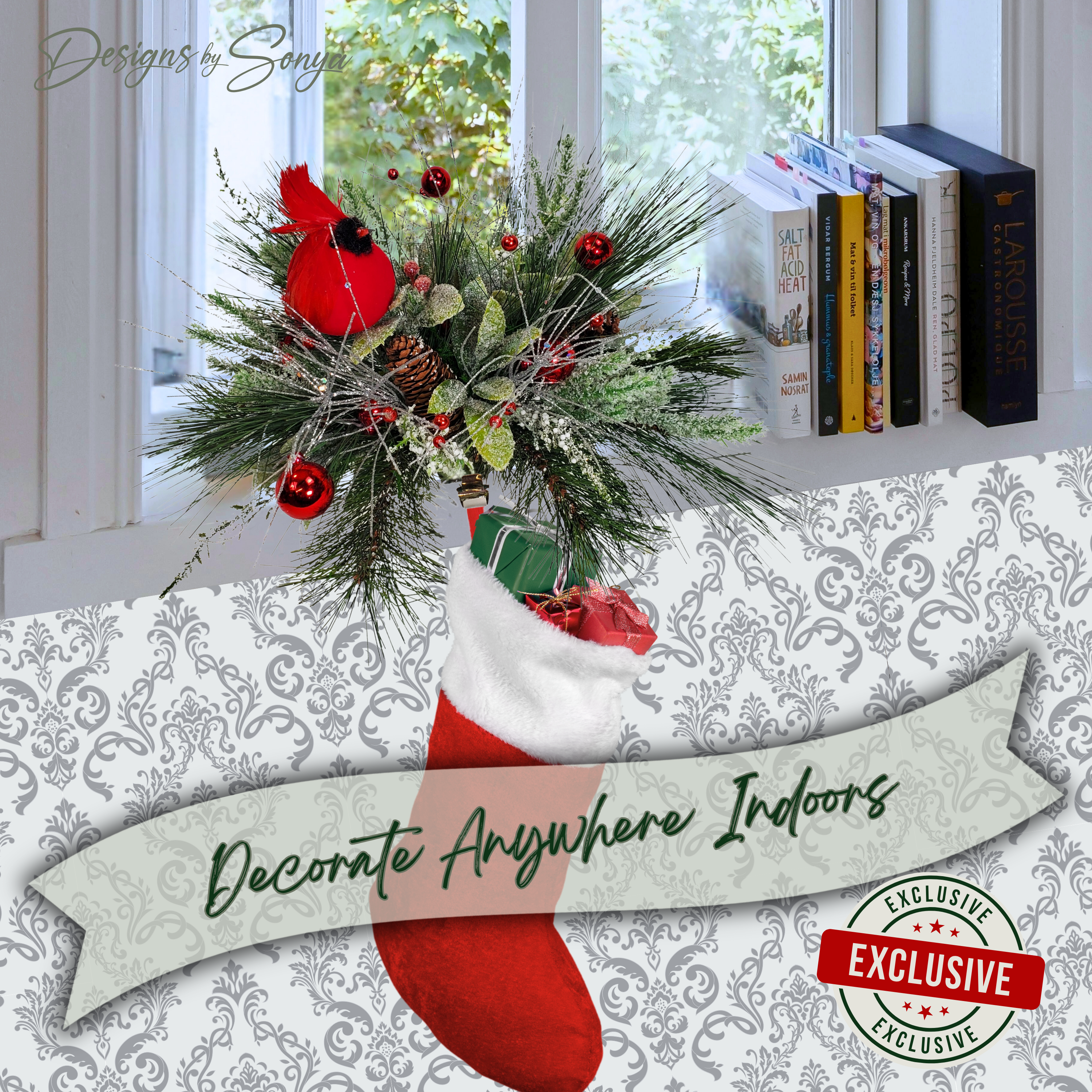 Decorate Anywhere Cardinal Stocking Holder
Cardinal stocking holder displayed on a windowsill. Versatile Christmas decoration with floral design and remembrance symbolism of loved ones missed during the holidays.