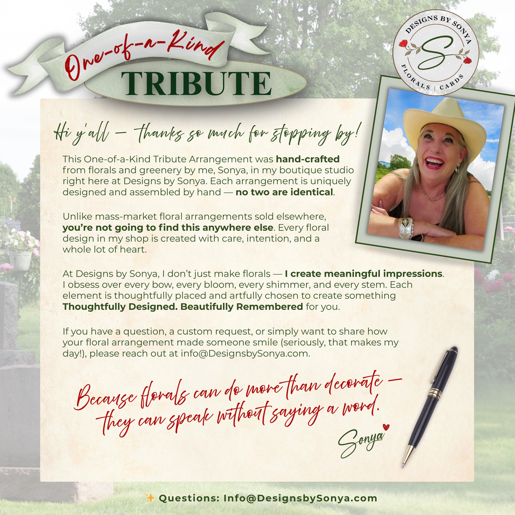 One-of-a-Kind Tribute Signage
Promotional display describing handcrafted floral wind chime tribute, with boutique branding by Designs by Sonya.