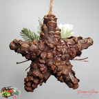 Back View of Pinecone Star Ornament
Handmade pinecone star ornament backside showing natural pinecone structure, rustic jute hanger, and farmhouse holiday style.