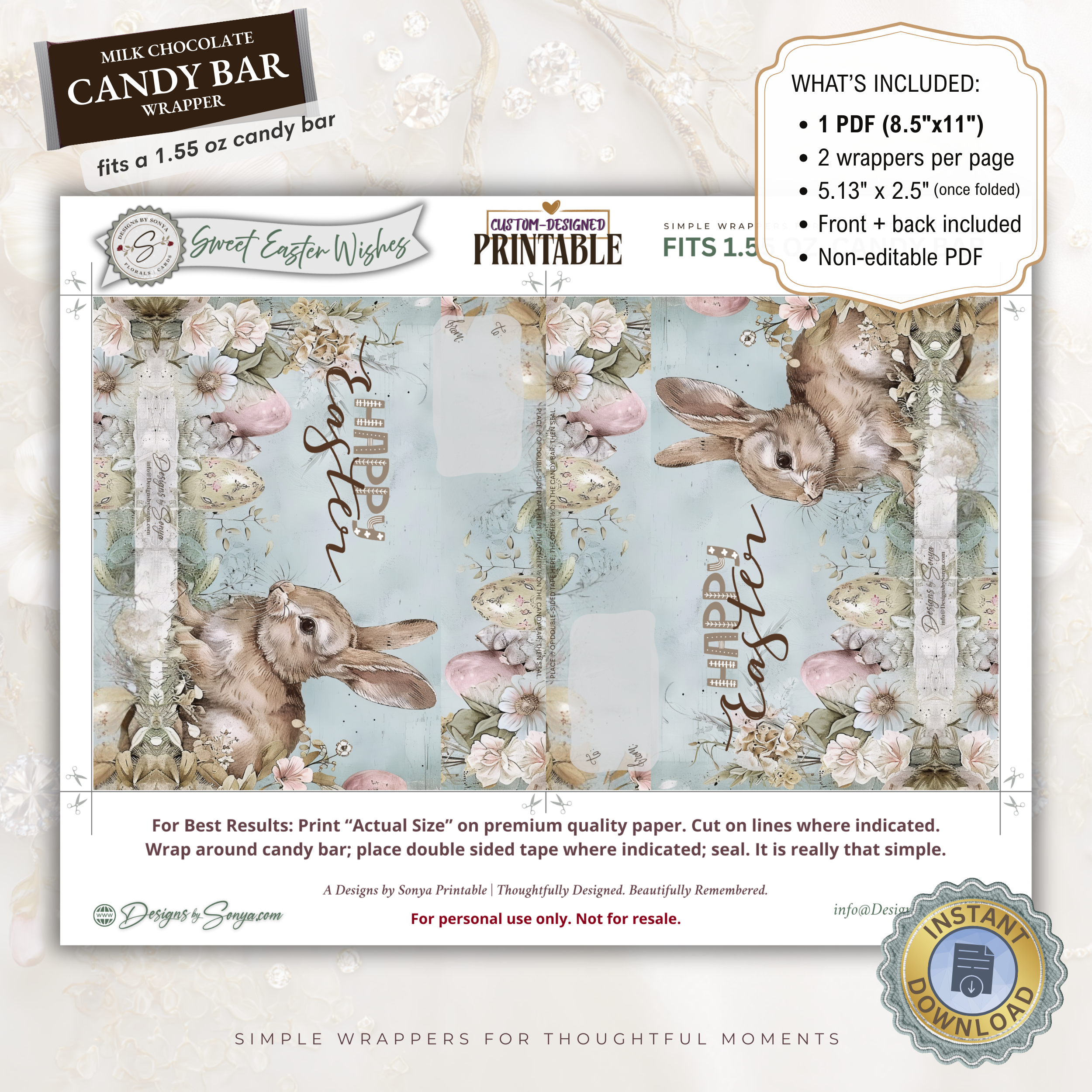 Easter Bunny Candy Bar Wrapper Printable – Sweet Easter Wishes Chocolate Bar Sleeve – Spring Treat Party Favor for Kids, Teachers & Friends