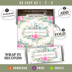 Printable Happy Birthday Candy Bar Wrapper, Pink Rose & Eucalyptus Floral 1.55 oz Chocolate Bar Wrap, Birthday Gift for Her