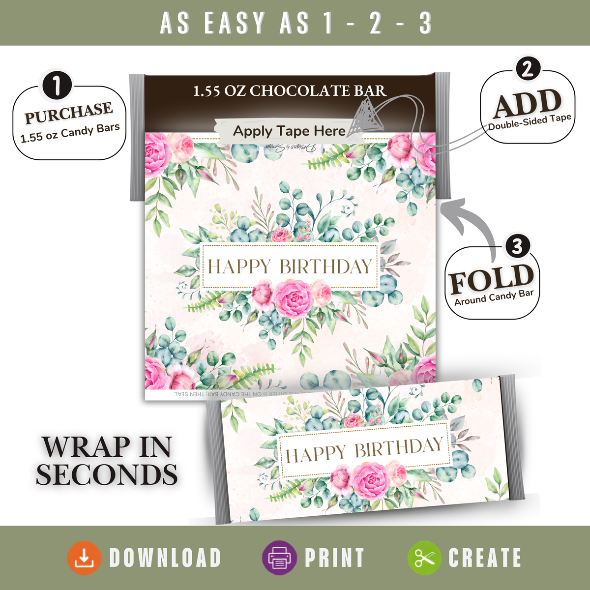 Printable Happy Birthday Candy Bar Wrapper, Pink Rose & Eucalyptus Floral 1.55 oz Chocolate Bar Wrap, Birthday Gift for Her