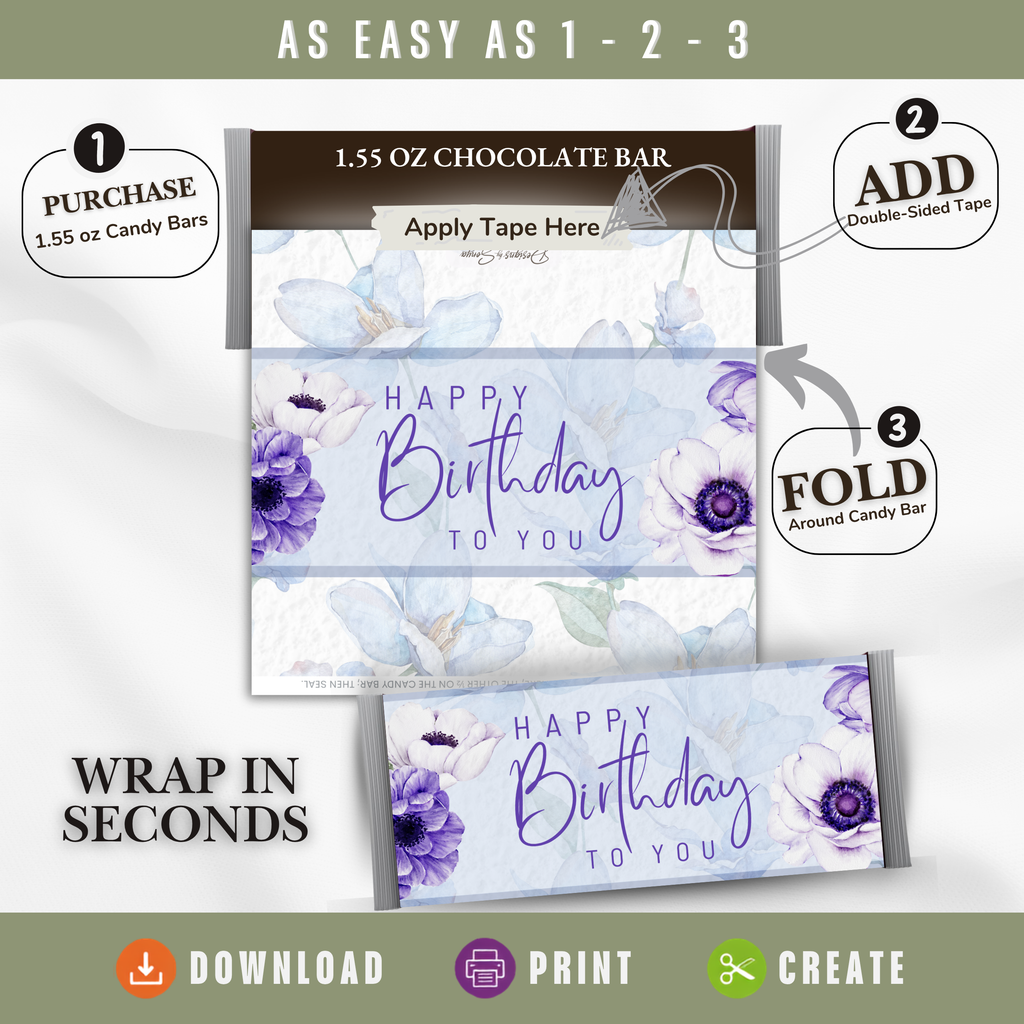 Printable Happy Birthday Candy Bar Wrapper, Blue & Purple Floral 1.55 oz Chocolate Bar Wrap, Birthday Gift for Her, Mom, Grandma & Friend