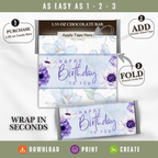 Printable Happy Birthday Candy Bar Wrapper, Blue & Purple Floral 1.55 oz Chocolate Bar Wrap, Birthday Gift for Her, Mom, Grandma & Friend