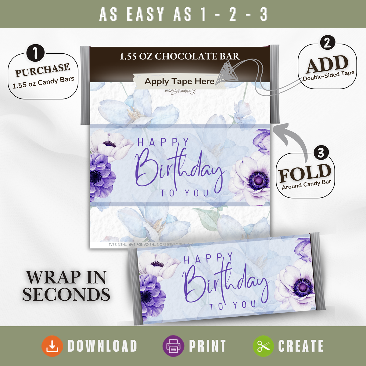 Printable Happy Birthday Candy Bar Wrapper, Blue & Purple Floral 1.55 oz Chocolate Bar Wrap, Birthday Gift for Her, Mom, Grandma & Friend