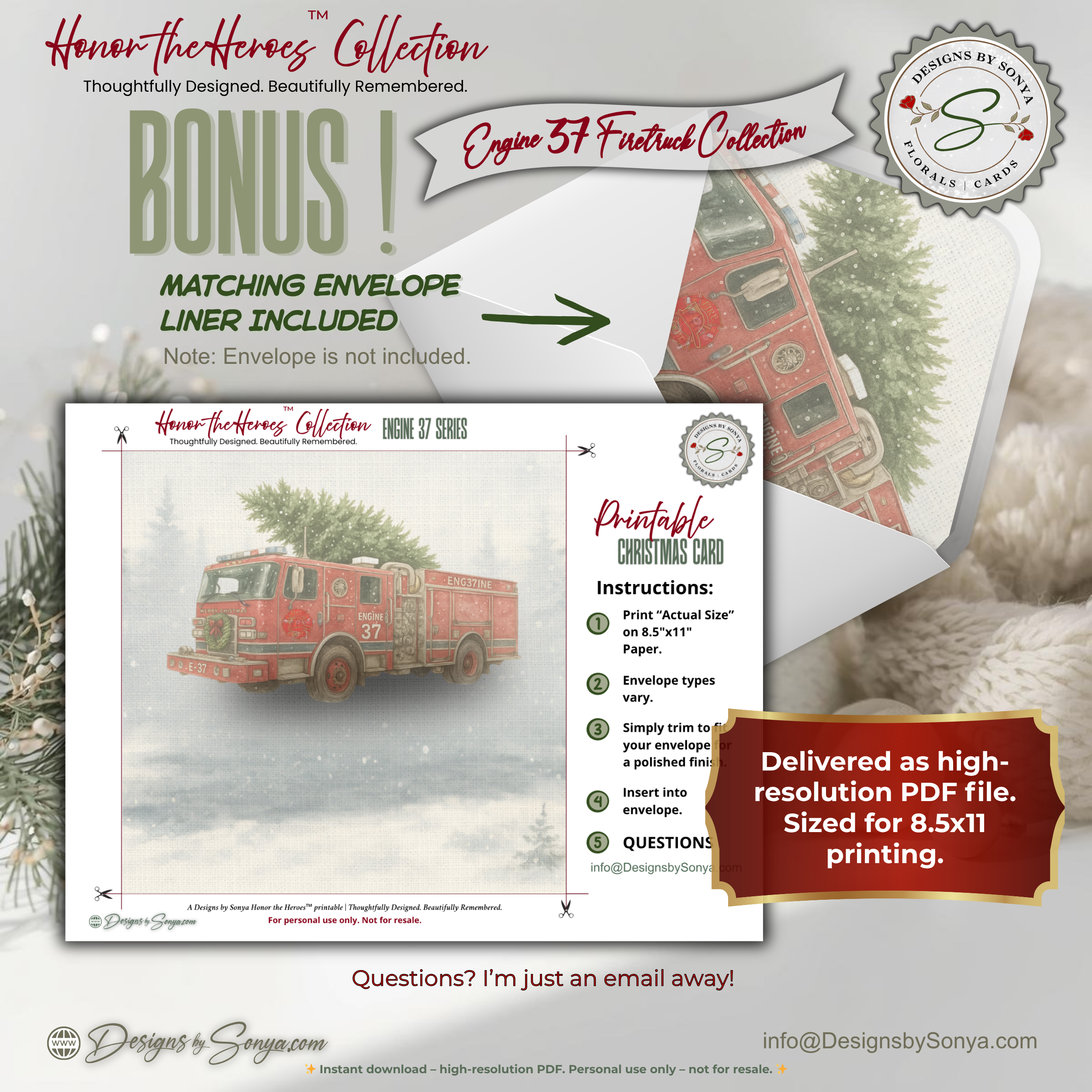 Engine 37 Printable Firetruck Christmas Card • Festive Firehouse Holiday Greeting • First Responder Santa Scene • Instant Download DIY