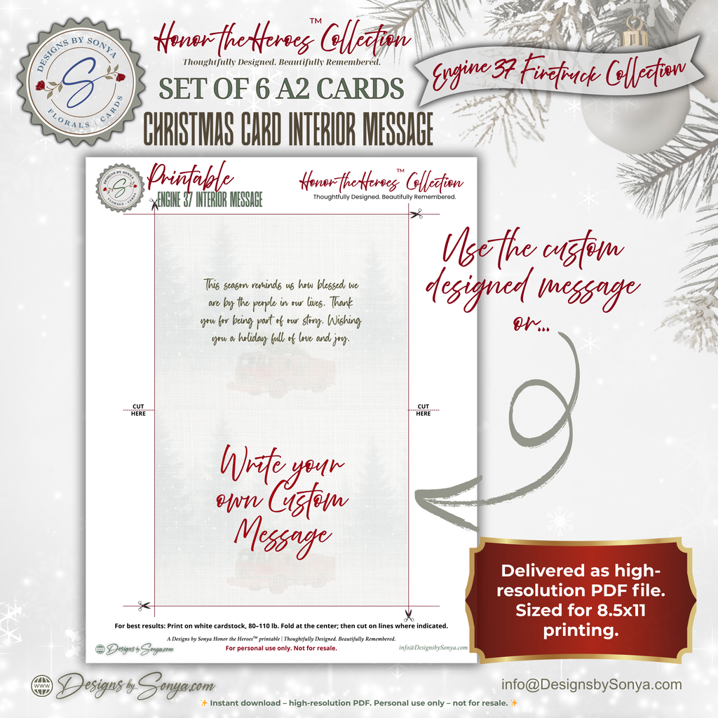 Engine 37 Firetruck Printable Christmas Note Cards | Set of 6 A2 - 5.5"x4.25"| Honor the Firefighter and First Responder Heroes