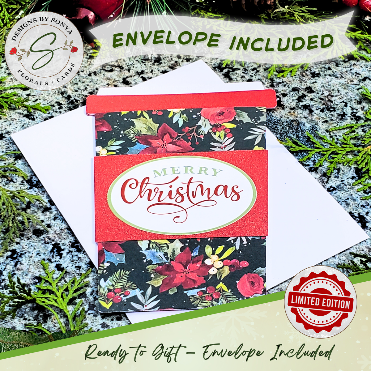 Handmade Christmas Gift Card Holder | Coffee Cup Gift Card Holder for Teachers, Coworkers & Coffee Lovers | Red Poinsettia Holiday Floral Design