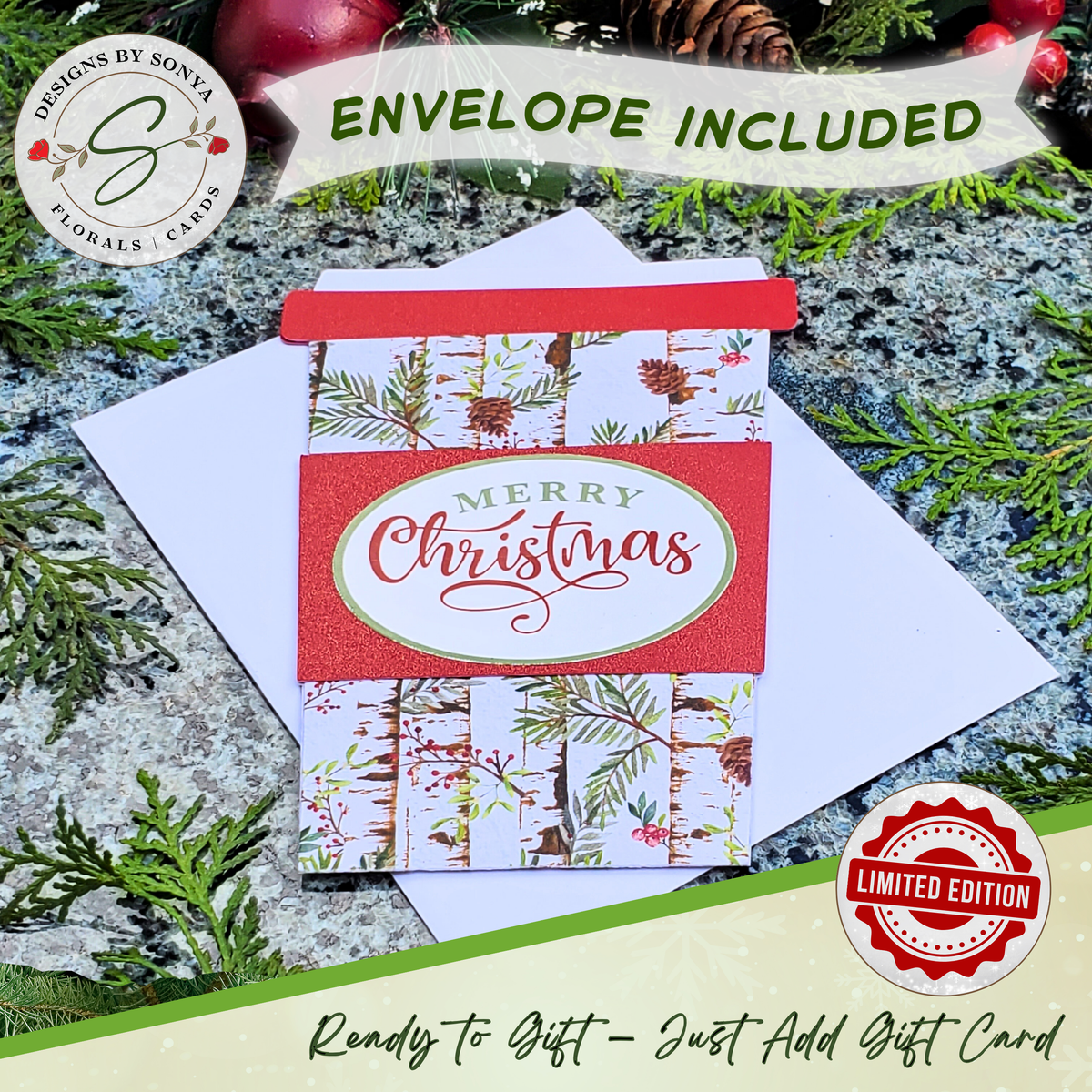 Handmade Christmas Gift Card Holder | Coffee Cup Gift Card Holder for Teachers, Coworkers & Coffee Lovers | Rustic Birch Tree & Pinecone Design