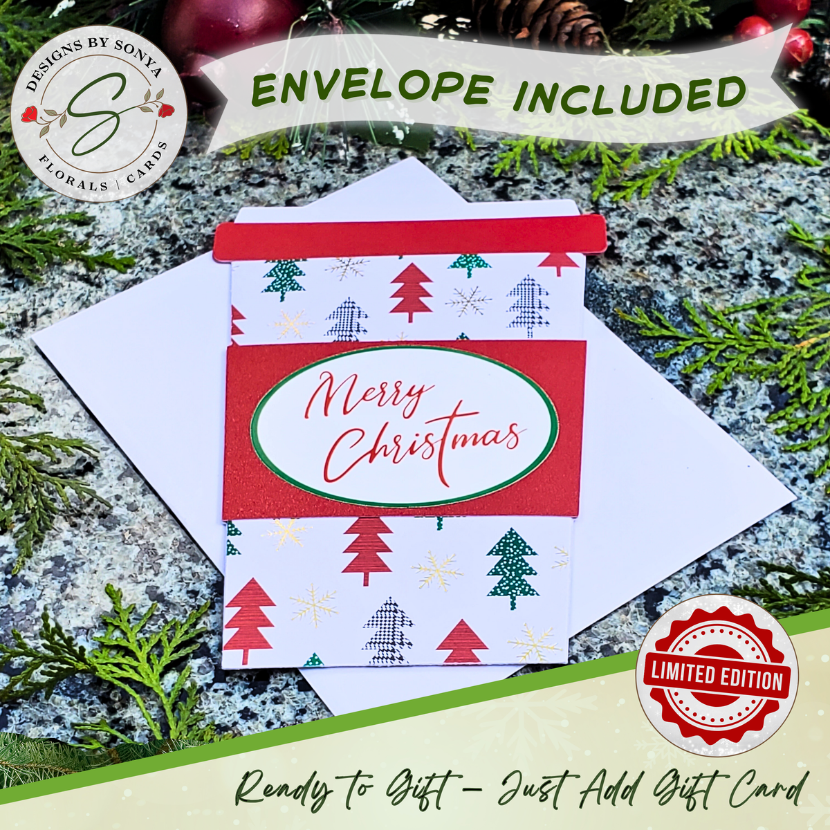 Handmade Christmas Gift Card Holder | Coffee Cup Gift Card Holder for Teachers, Coworkers & Coffee Lovers | Red & Green Christmas Trees