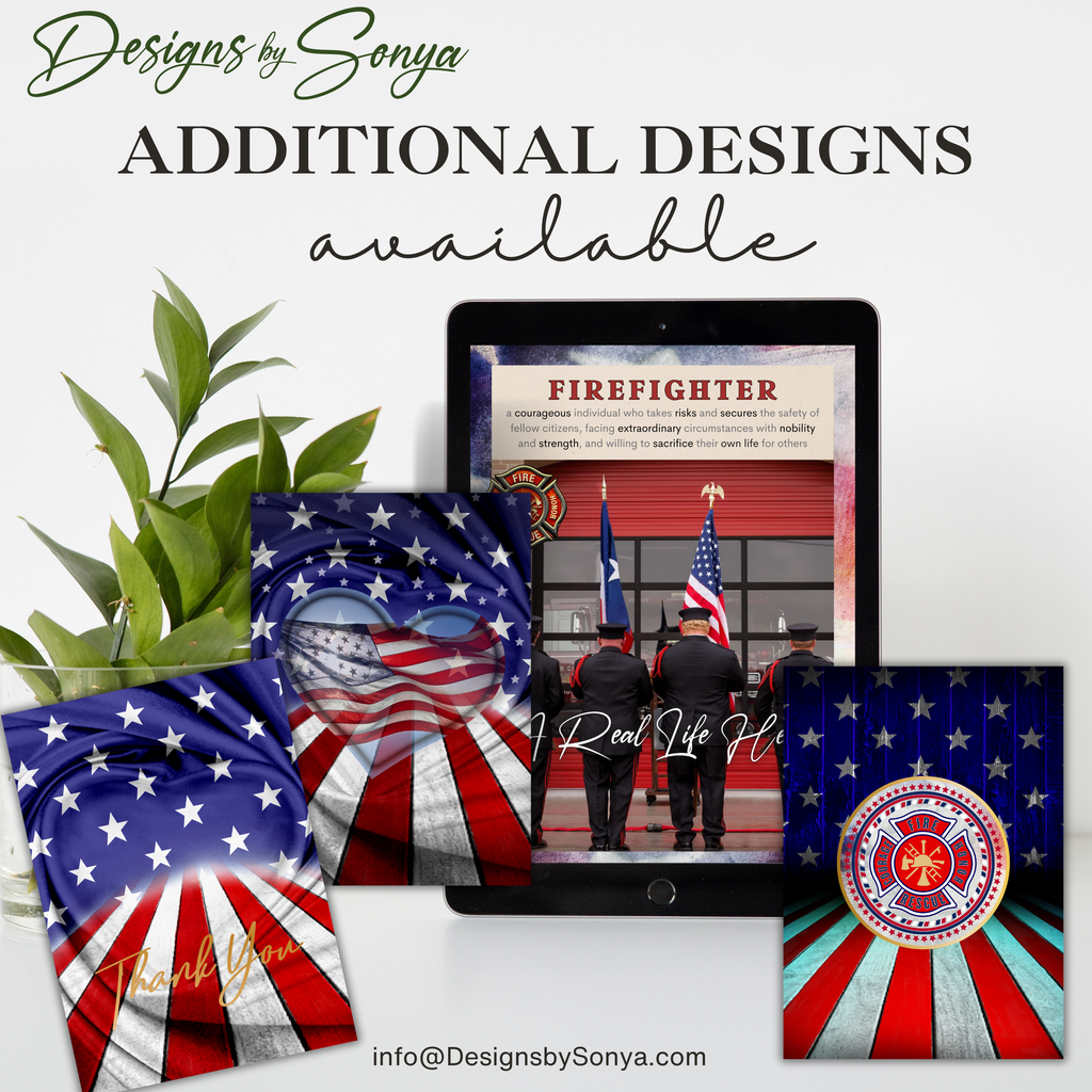 Additional Firefighter Designs Set 2
Second set of patriotic firefighter card designs with flag patterns, firefighter badge, and memorial tribute styles.