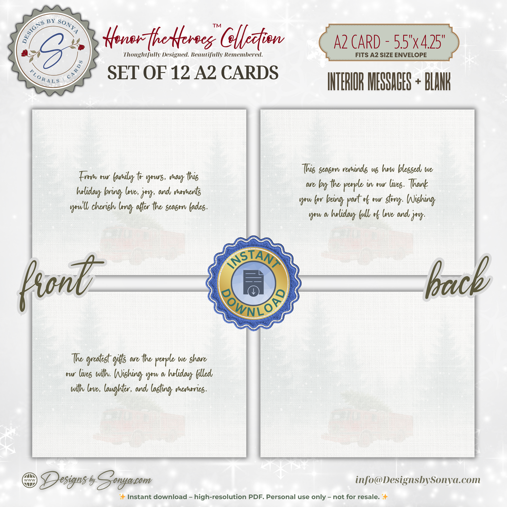 Printable Firefighter Santa Christmas Card Set of 12, A2 Cards (5.5”x4.25”), First Responder Holiday Greetings, Fire Station Watercolor Art