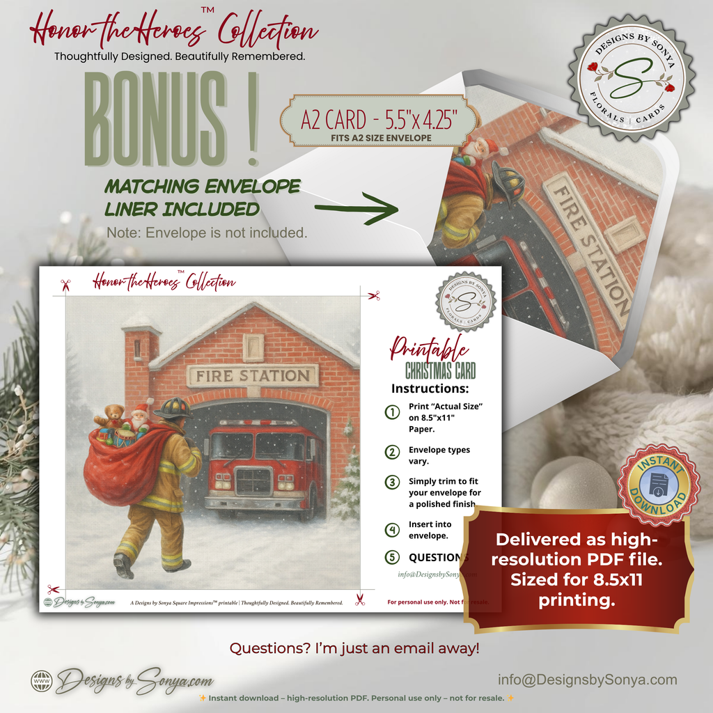 Printable Firefighter Christmas Card | Fireman Santa & Child | Vintage Firetruck Holiday Greeting Card | First Responder Christmas Printable