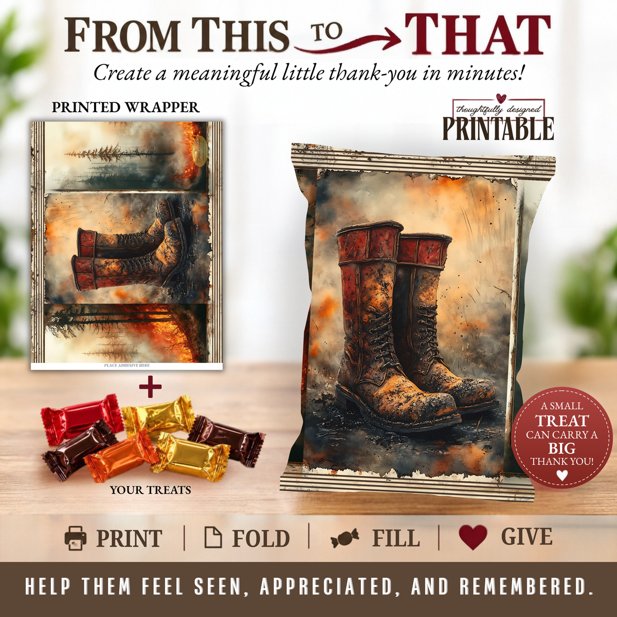 Firefighter Boots Appreciation Treat Wrapper | Printable Firefighter Thank You Gift | First Responder Hidden Treasures